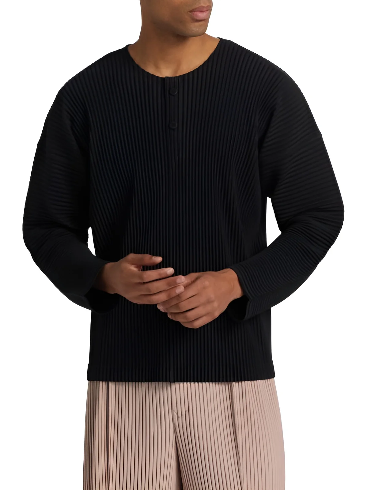 Miyake Men's Pleated T-Shirt Long Sleeve Henley Neck Casual Loose Fit Top