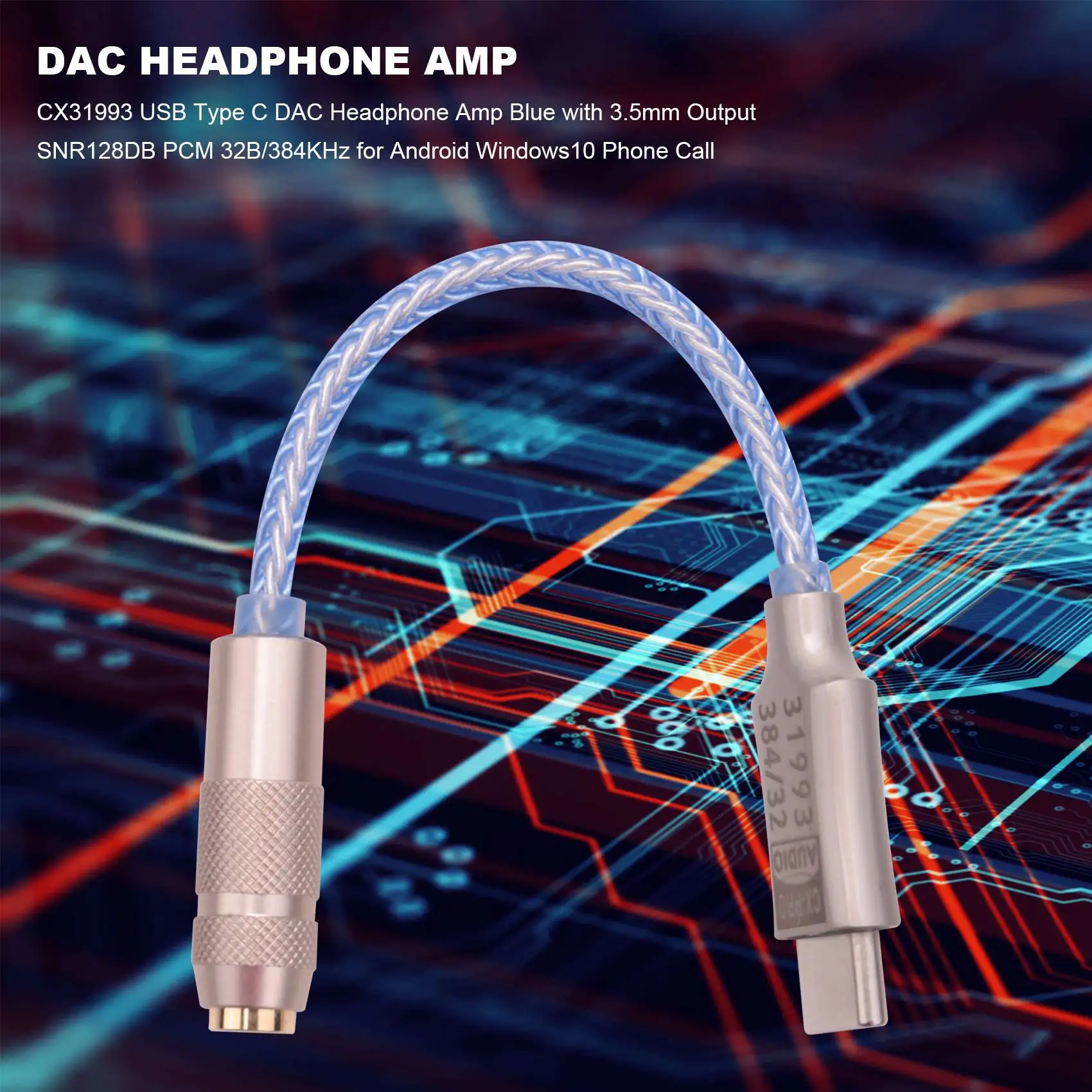 CX31993 USB tipo C DAC cuffia Amp blu con uscita 3.5mm SNR128DB PCM 32B/384KHz per chiamata telefonica Android Windows10