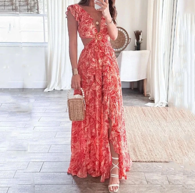 

Long Dresses for Women Sexy V-Neck Split Skirt Summer New Fashion Women's Clothing Casual Elegant Printed Lace Pleated Dress