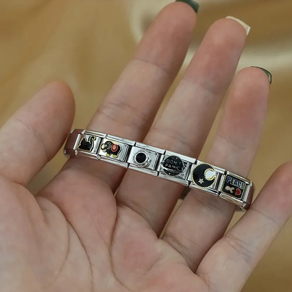 Elos de Charme Italianos de 9mm em Aço Inoxidável, com designs de Gato Preto, Aranha, Bola 8 e Guitarra, para Pulseira Modular e Joias Personalizadas DIY, Presente Assustador