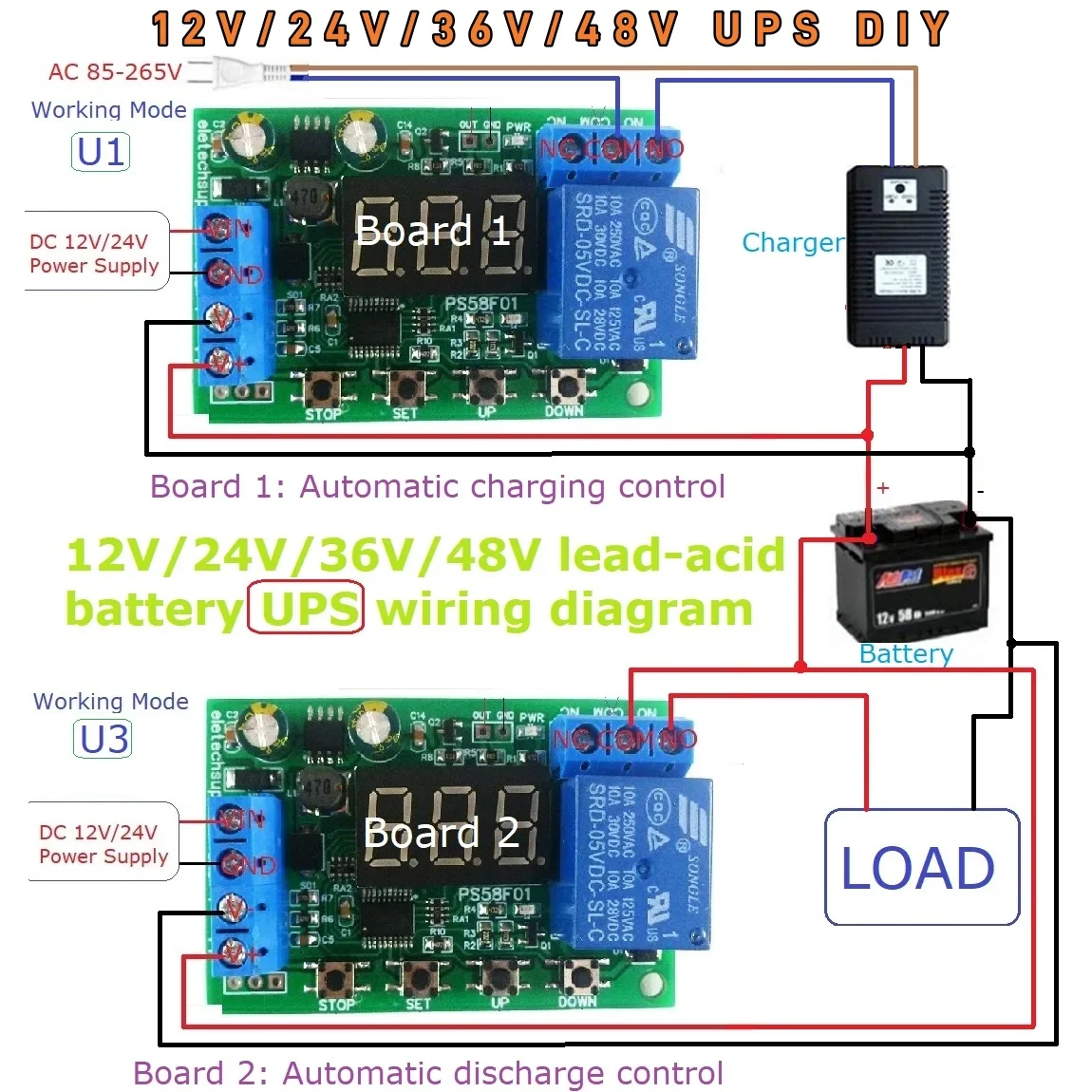 Lead-Acid Battery UPS Diy Module Charger Discharger Auto Control Switch Board Undervoltage Overvoltage 10A DC 12V 24V 36V 48V