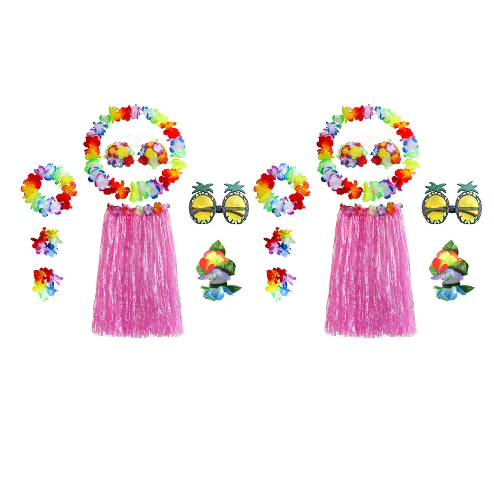 

8Pcs Pink Hula Dance Skirt Set Adjustable Waistband Tropical Costume with Flower Accessories 80Cm for Festivals