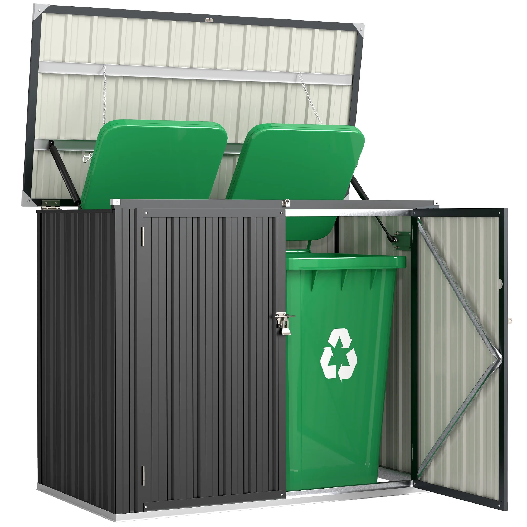 Outsunny Dubbele Afvalbakenschuur, 240L Gegalvaniseerde Stalen Afvalbakenschuur met Scharnierend Deksel en Afsluitbare Deuren, voor Tuin, Buiten, 150X80X117 Cm, Donkergrijs
