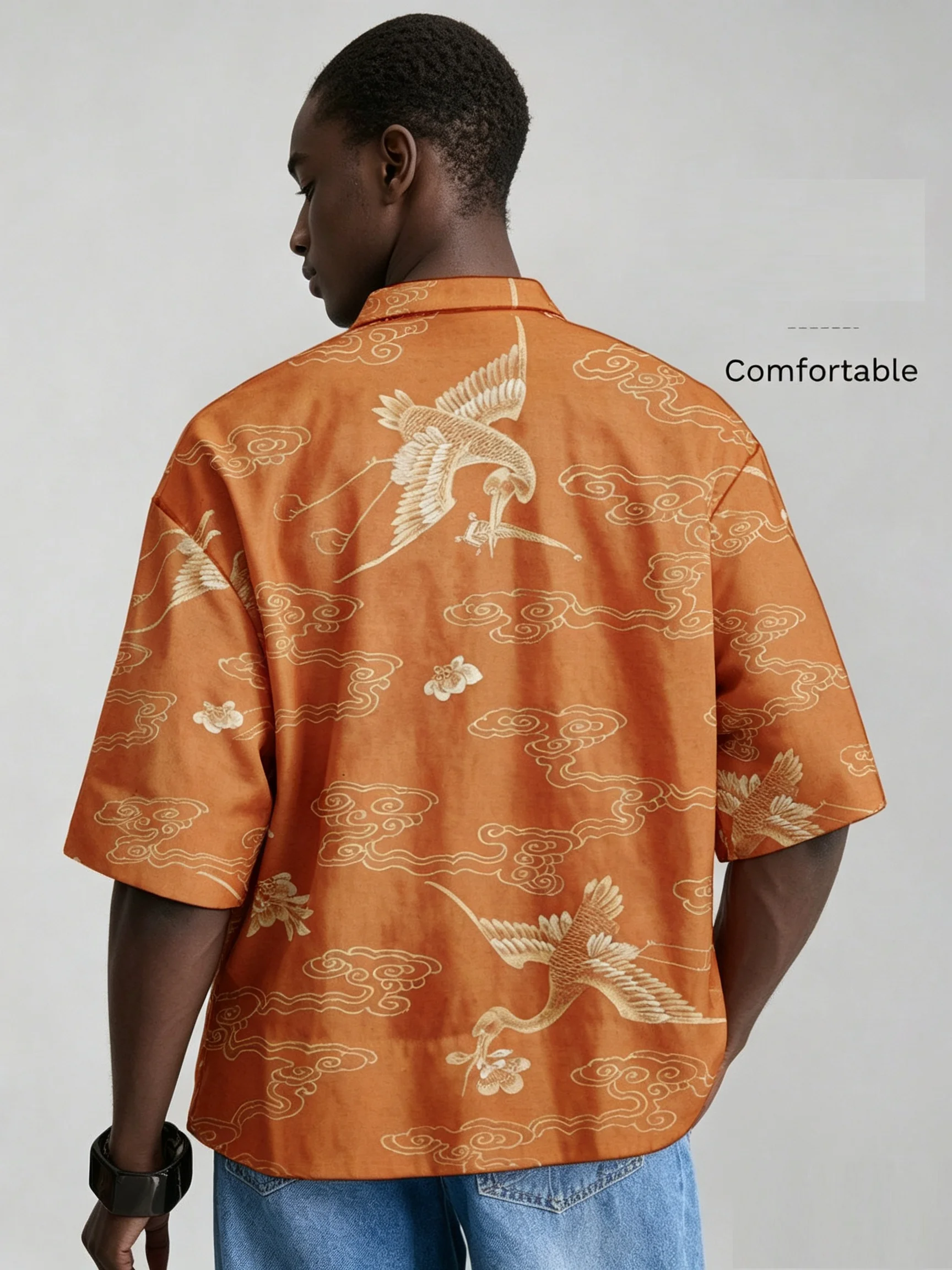 Men Chinese Style Frog Button Stand Collar Shirt, Loose Short Sleeve Animal Print Casual Blouse For Summer