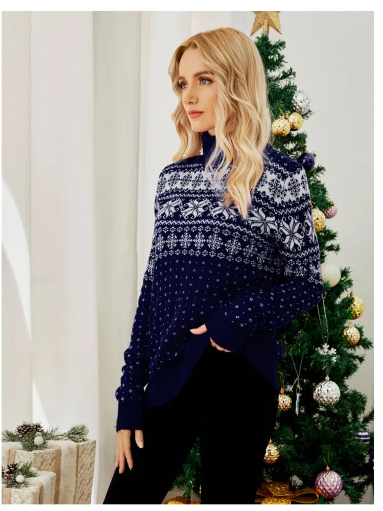 Nuovo maglione natalizio a collo alto da donna Autunno Inverno Maglioni lavorati a maglia casual Morbido pullover jacquard allentato Top Look natalizio femminile