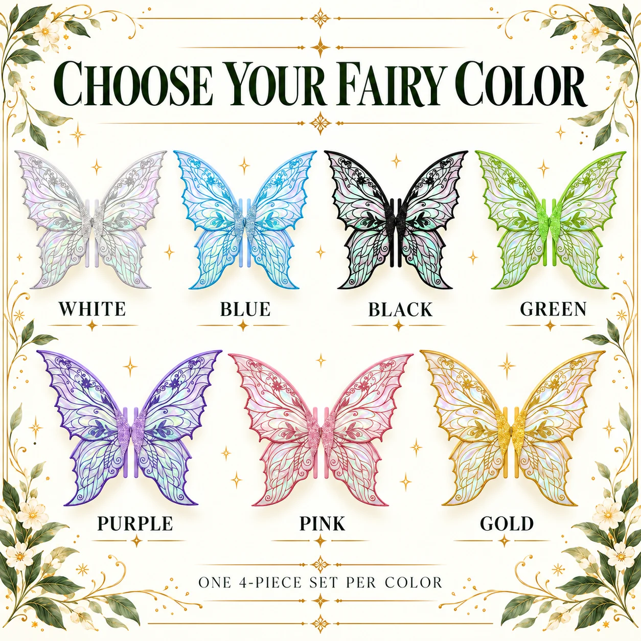 Fairy Costume Set for Women 4PCS Iridescent Butterfly Wings Flower Crown Elf Ears Star Wand for Halloween Cosplay Party