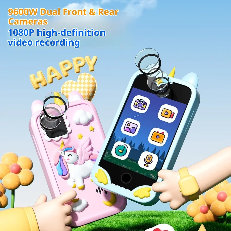 กล้องโทรศัพท์ของเล่นสำหรับเด็กพร้อมกล้องคู่ HD หน้าจอสัมผัสเพื่อการศึกษา เกมส์เสริมทักษะ อุปกรณ์ขนาดเล็ก ของขวัญสำหรับเด็กชายและเด็กหญิง