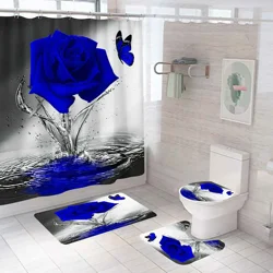 Blue Rose Flowers Waterproof Bathroom Shower Curtain Set Polyester Toilet Seat Cover Bath NonSlip Mat Rug Carpet Home Decor