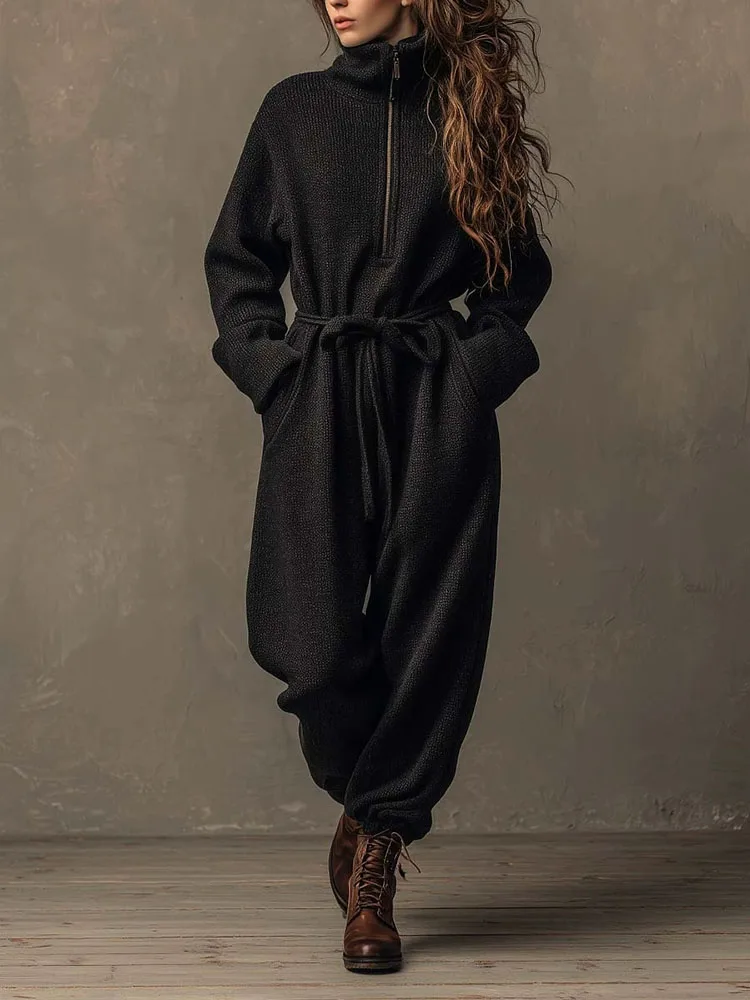 Women Fashion Loose Solid Color Jumpsuit Fall Winter Casual Long Sleeve Pockets Romper Elegant Hight Waist Stand Collar Playsuit
