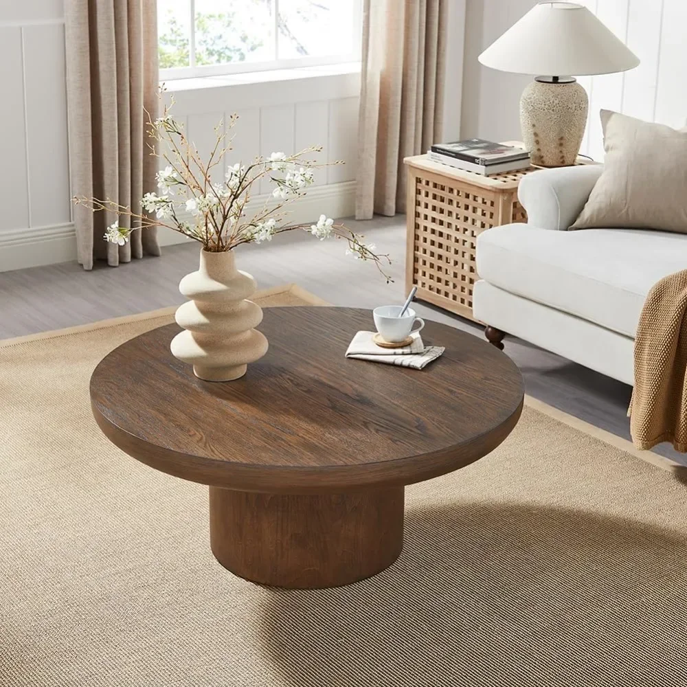 

Farmhouse style circular coffee table, natural wood, sturdy MDF+wood veneer structure, 35.98 inch coffee table