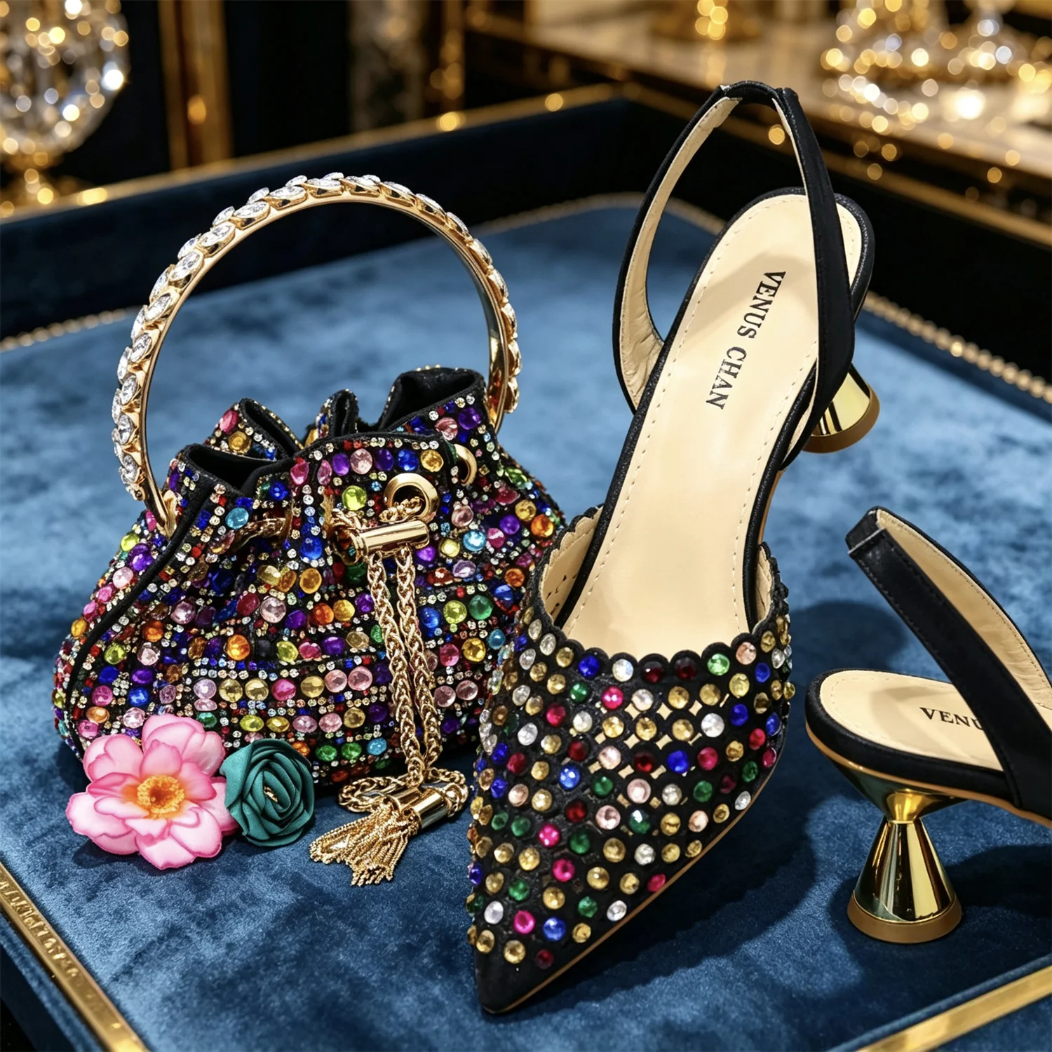Elegant Multicolor Rhinestone Slingback Heels & Bucket Bag Set Luxury Crystal Matching Kit for Wedding Party Evening Bridal Form