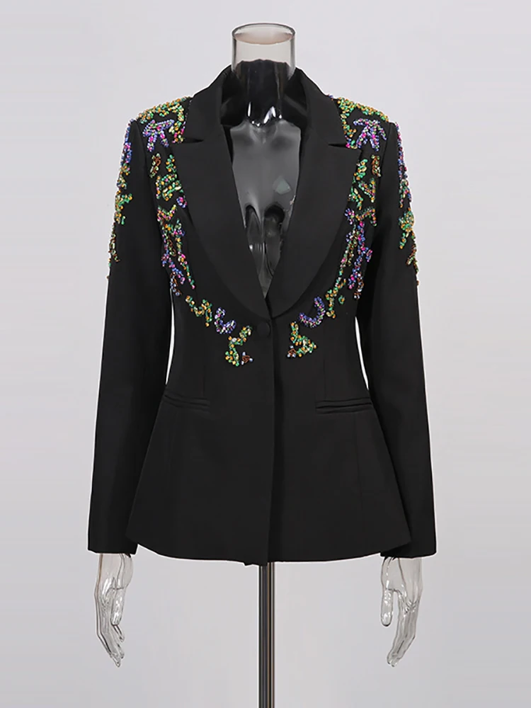 Seksowna marynarka damska z dekoltem w serek, luksusowymi cekinami i koralikami, dopasowana, czarna, z długimi rękawami, zapinana na jeden guzik, elegancka odzież wierzchnia na wieczorne przyjęcia.