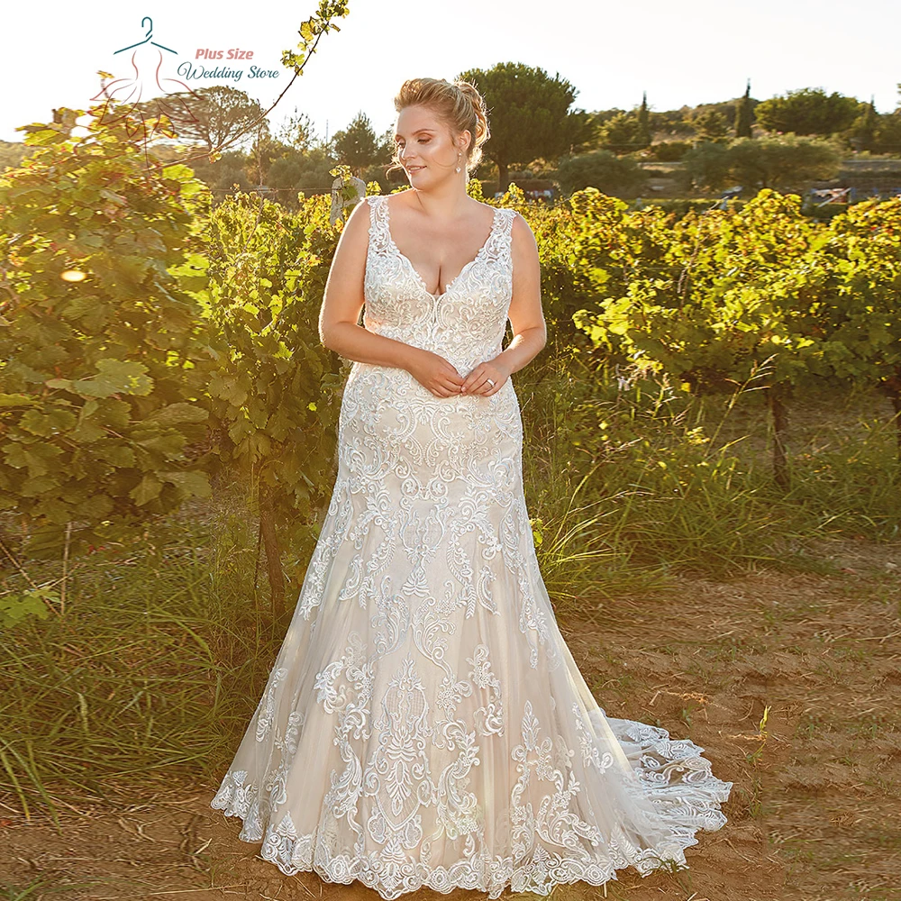 Classic V Neck Wedding Dresses Plus Size Sleeveless Bride Gowns Appliques Back Button Sweep Train Tulle Mermaid Robe De Mariee