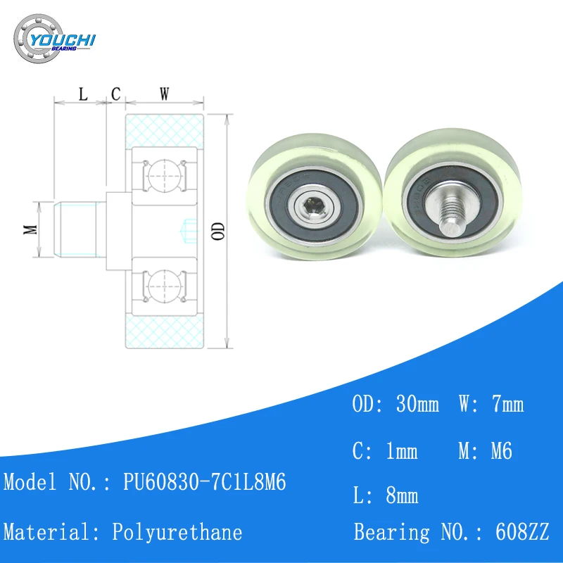 5pcs PU Bearing Roller 30mm With Bearing 608RS PU60830-7C1L8M6 Polyurethane External Threaded Bearing Pulleys 30mm Plastic Wheel