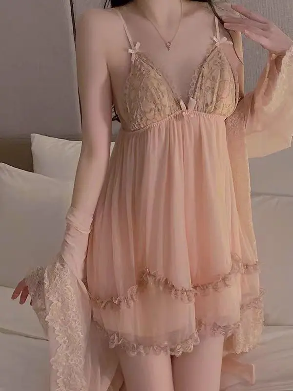 Women Sexy Suspenders Chest Cushions Pure Desire Style Lace V-neck Thin Style Mesh Sheer Dress Elegant High Waisted Sweet U0U8