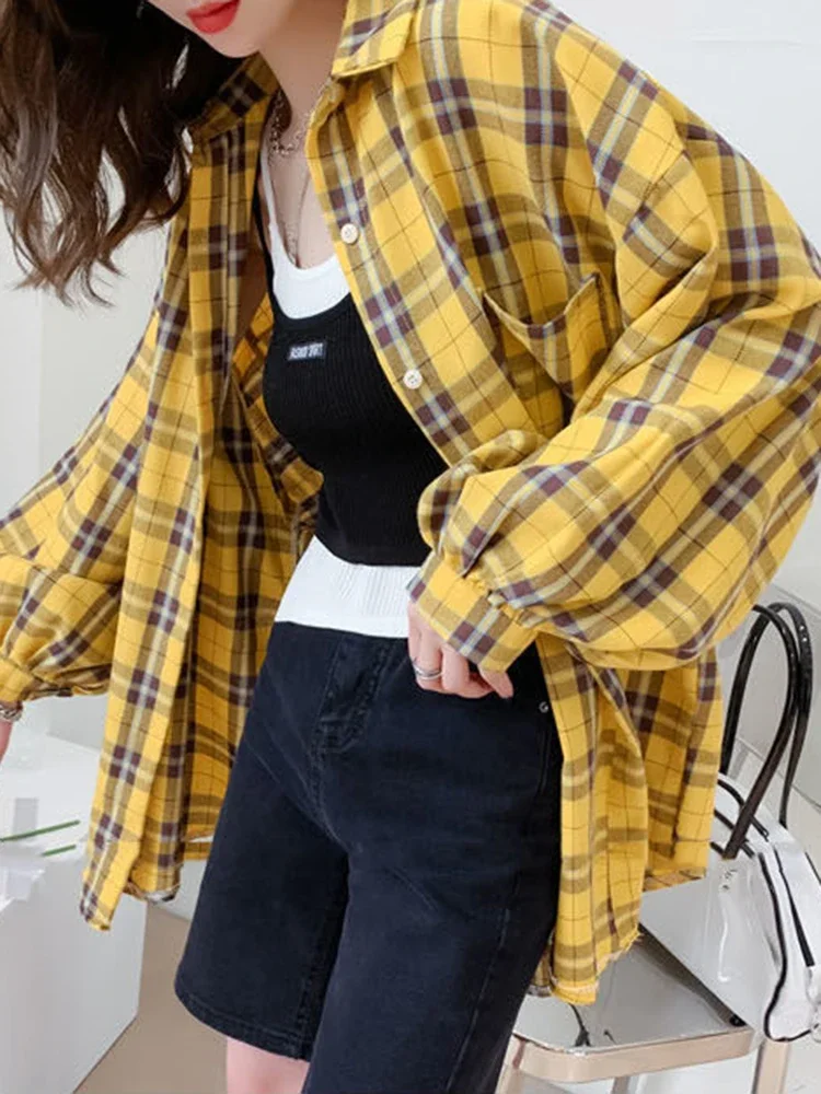 Women\'s Blouse Plaid Shirts Tops Fashion Long Sleeve Button Down Shirt Autumn Casual Oversized Blouses Chic Female Clothing