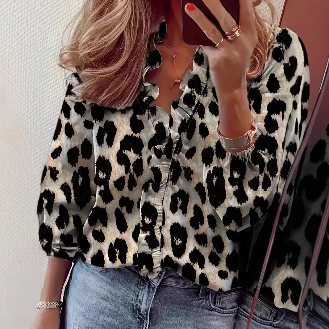 

Plus-size Spring and Summer Bestseller French-style Printed Ruffled Design Loose Casual Leopard Print/Pink V-neck Women's Shirt