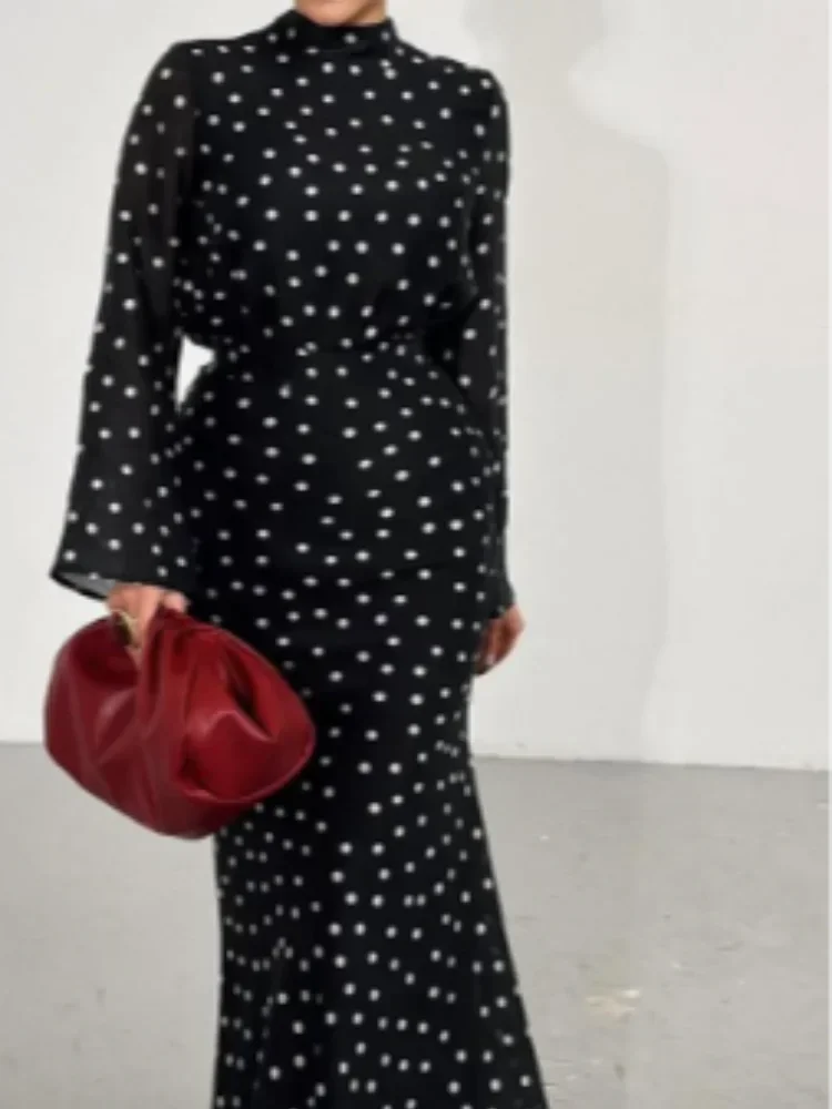 

Elegant Polka Dot Shirt Two Piece Set Women High Neck Lace Up Long Sleeve Blouse Bodycon Skirts Suit 2026 Date Street Set