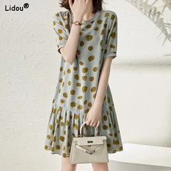 Thin Summer Round New Women's Clothing Neck Dot Pattern Short Sleeve Printing Mini Skirts Casual Pleated Loose Fashion Dresses