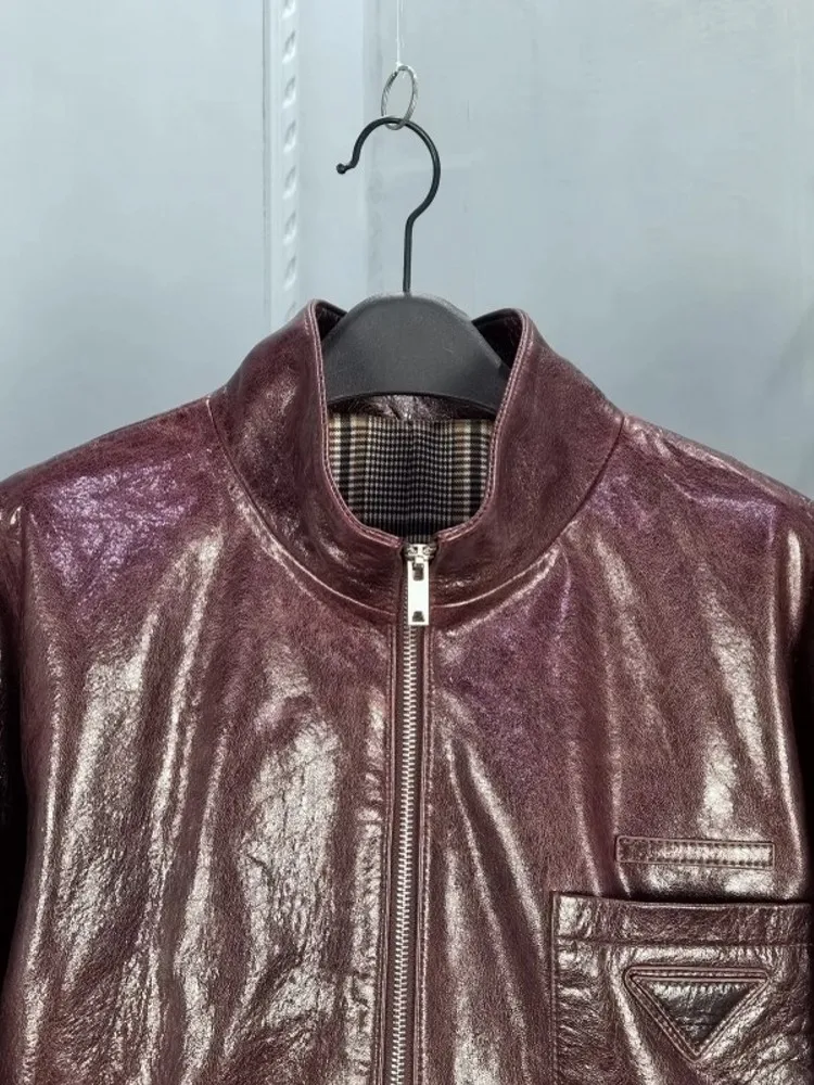 New Designer Women Zipper Stand Collar Loose Fit Bomber Jacket Autumn Motorcycle Windproof Sheepskin Genuine Leather Jacket Coat