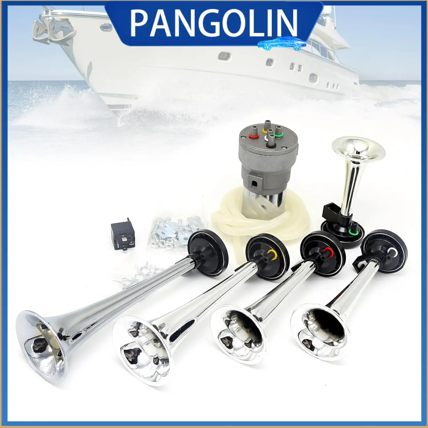 

PANGOLIN 5Pcs 12V 300DB Chrome Trumpet Dixieland Jazz Air Horn for Truck Car SUV Boat And RV with Heavy Duty Compressor Relay