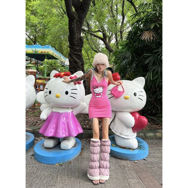 Sanrio Hello Kitty Dress Y2k Girls Color Matching Strap Print Slim Sexy Suspender Hip Short Skirt Summer Hot Girl Pink Skirt