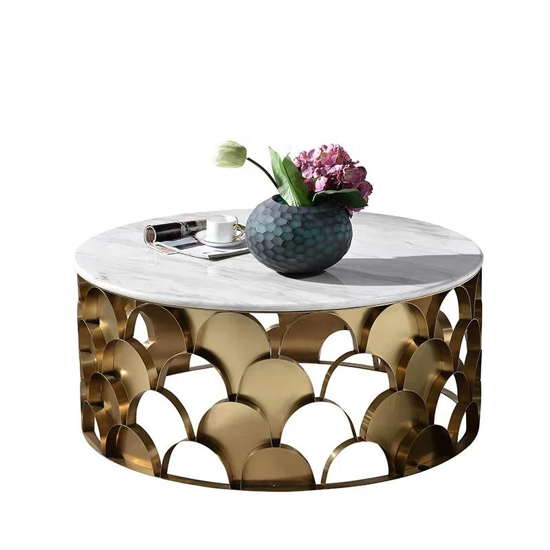 Luxury round gold fish scale stainless steel shaped marble coffee table for home hotel living room cafe table furniture