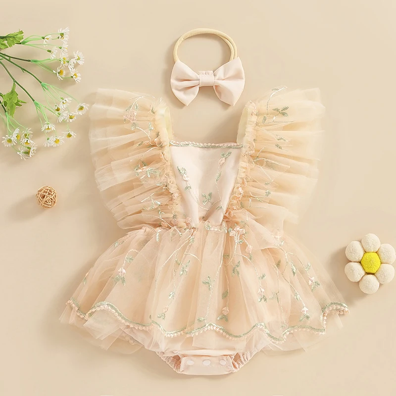 

Summer Newborn Infant Baby Girls Rompers Dress Floral Embroidery Tulle Jumpsuit And Hairband Toddler Fashion Clothing