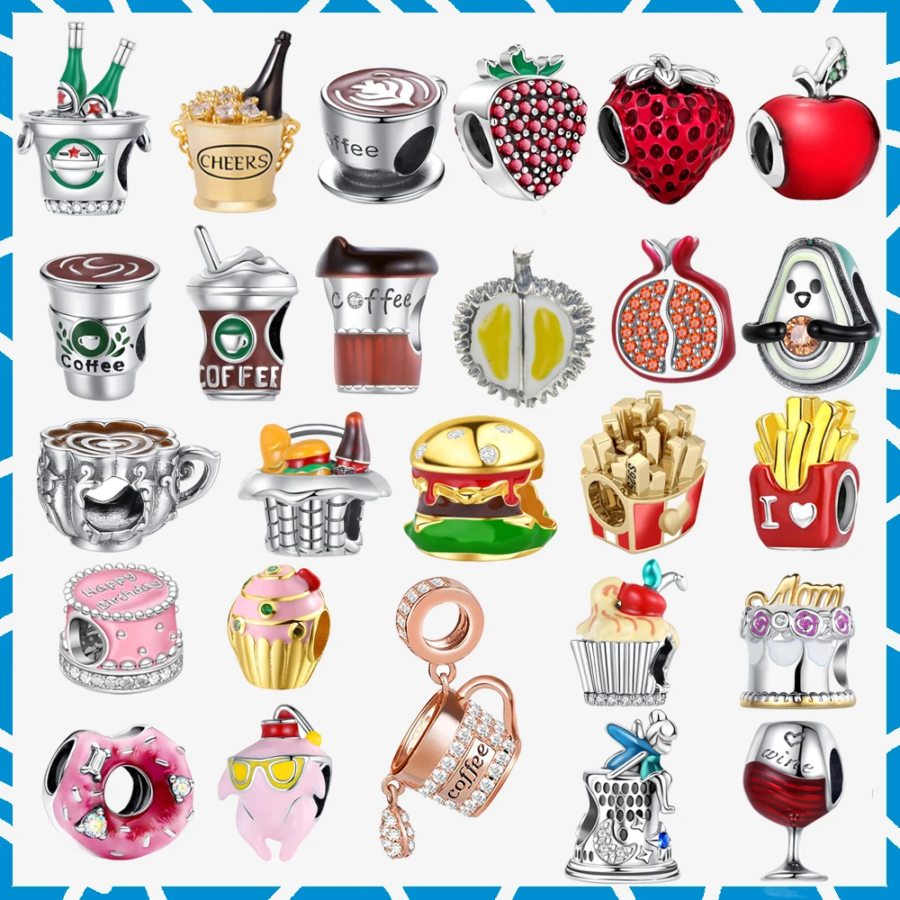 

925 Sterling Silver Afternoon tea coffee cake fruit fries Charms for Original Bracelet Beads Jewelry DIY Gift