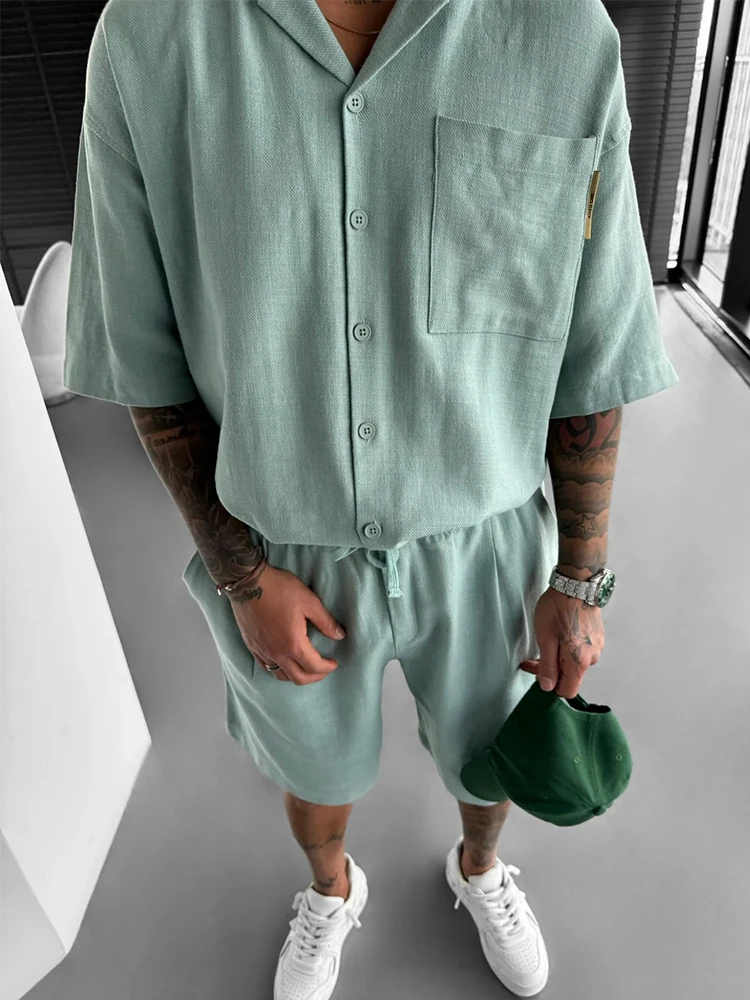 Casual Solid Color Short Sleeve Button-up Shirts Mens Shorts Two Piece Suits Summer Beach Leisure Loose Outfits Men Fashion Sets