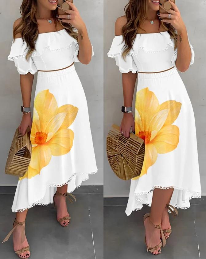 

Women's Skirts Outfits 2 Piece Casual Floral Print Contrast Lace Off Shoulder Ruffle Hem Top & Dip Hrm Skirt Vacation Skirt Set