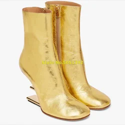 Gold Leather Square Toe Booties Zipper Fashion 2024 Winter Strange Style F Real Picture Solid Black New Arrivals Women Boots