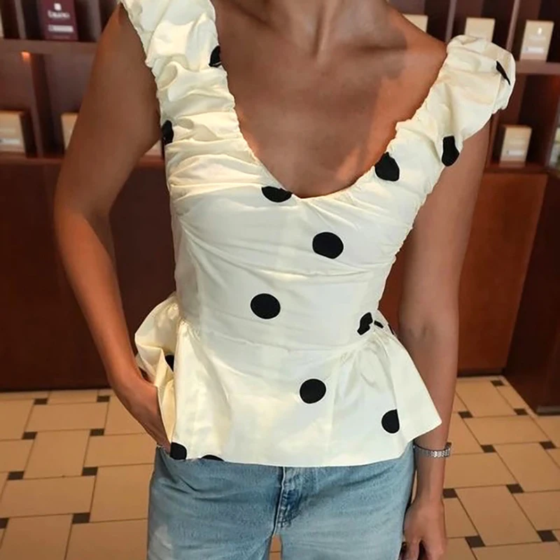 Sexy V-Neck Backless Slim Outfit Trendy Pocar Polka Dot Off Shoulder Vacation Suit Elegant Ruffled Top+Floral Bud Skirt 2pc Set