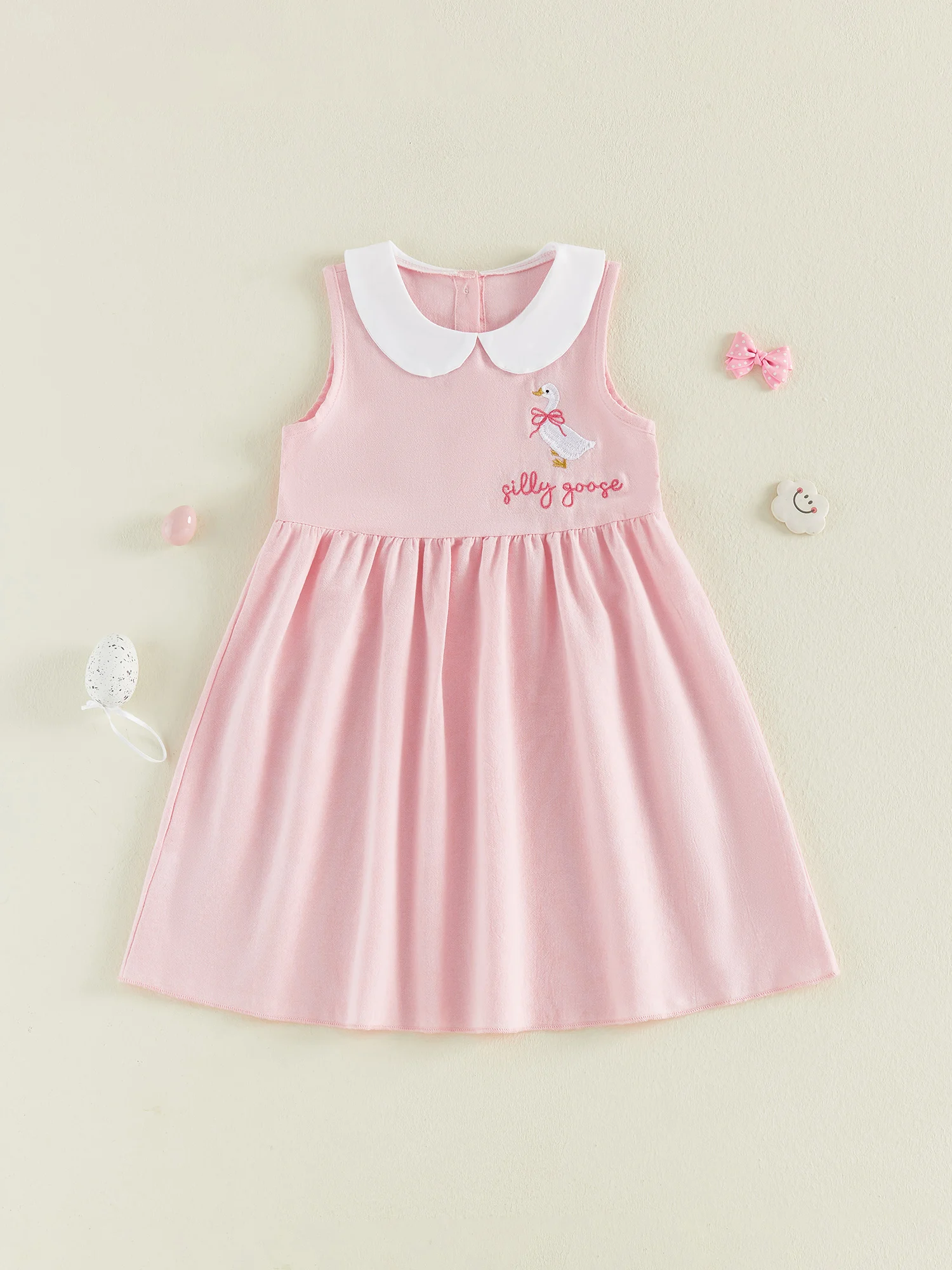 

Sweet Girls Summer Dress Lovely Swan Embroidery Sleeveless Peter Pan Collar Dress with Bow Detail
