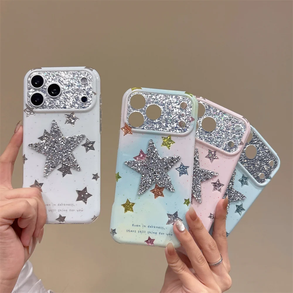 Fashion Aesthetic Pink And Blue Glitter Shining Silver Stars for iPhone 17 16 15 Pro Max Shockproof Protect Phone Cover Case