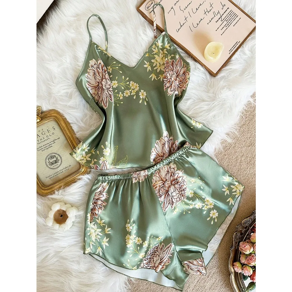 2pcs Women Sexy Deep-V Print Camisole And Shorts Set, Elegant Satin Outfit, Suitable For All Seasons
