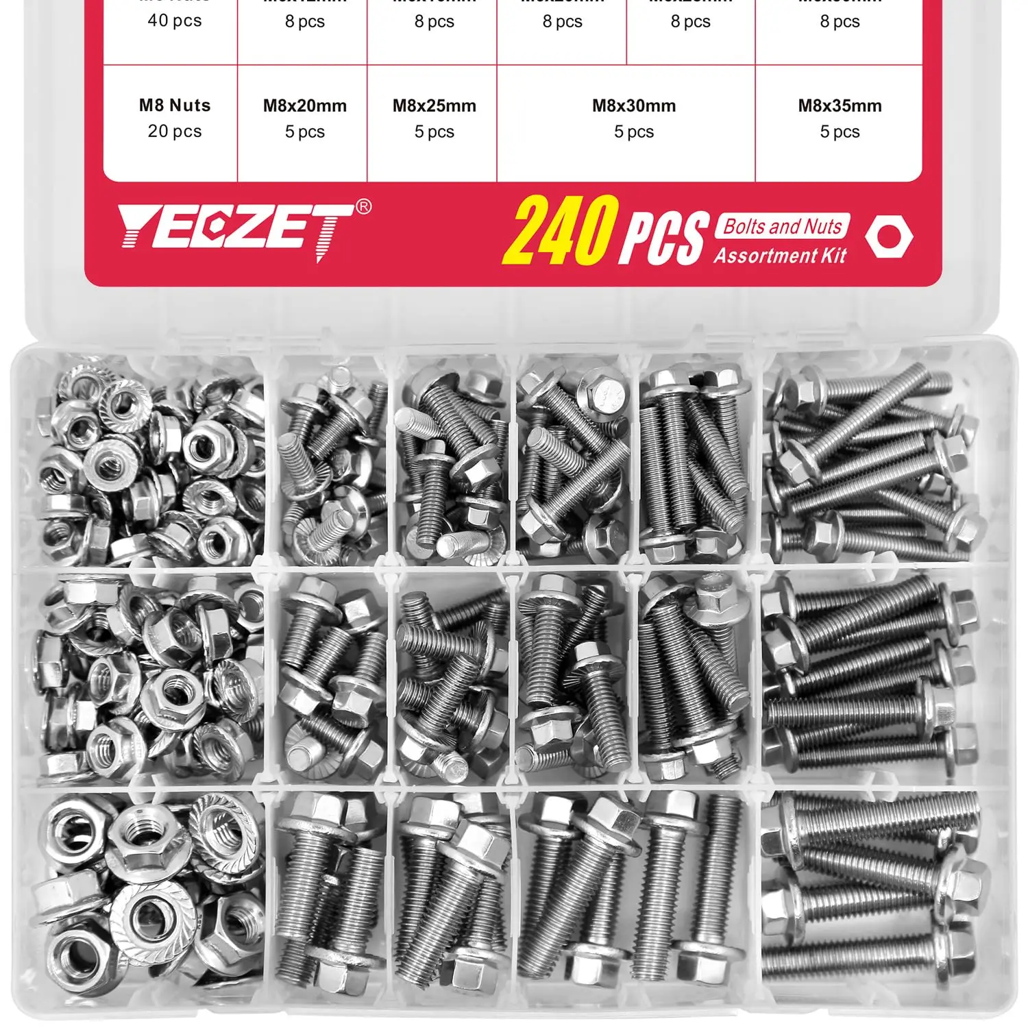 

240PCS M5 M6 M8 Flanged Bolts and Nuts Kit,Stainless Steel 304 Metric Flanged Hex Screws Nuts Includes 14 Most Common Siz
