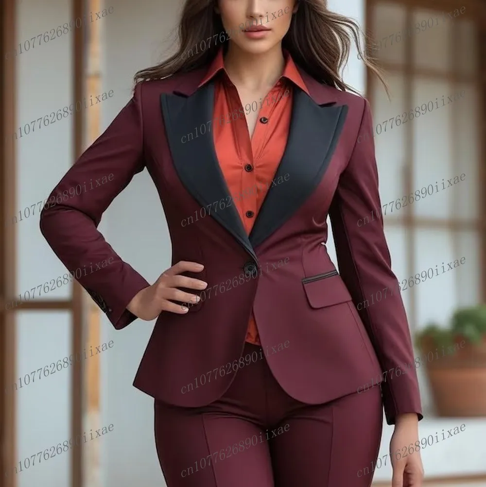 

New Black Collar Burgundy Women Suits Lady Business Office Tuxedos Mother Wedding Party Formal Ladies 2 Piece Set Jacket Pants