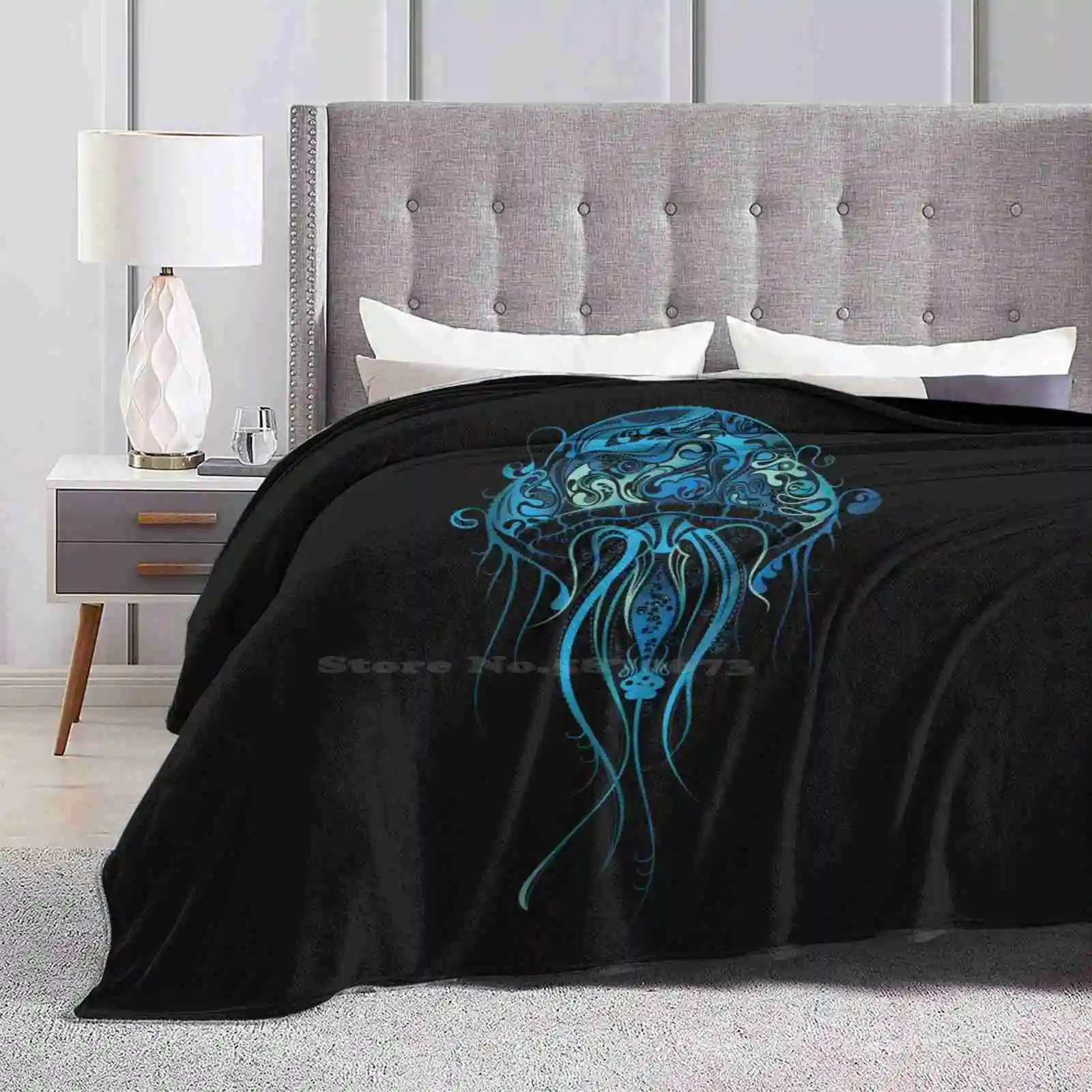 Blue Jellyfish Air Conditioning Soft Blanket Jellyfish Vector Black Violet Blue Sea Life Ocean Dark Purple Colorful Cute