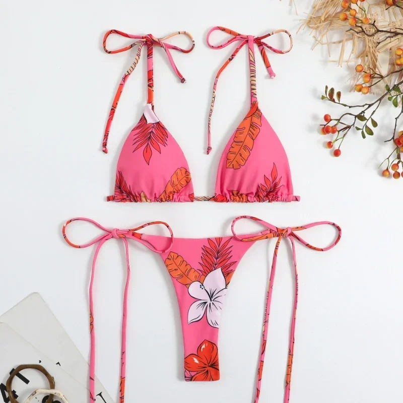 Sexy Flower Print Bikini 3 Women Swimsuit Female Swimwear Thong Bikinis Set Brazilian Halter Beach Wear  Bathing Suit