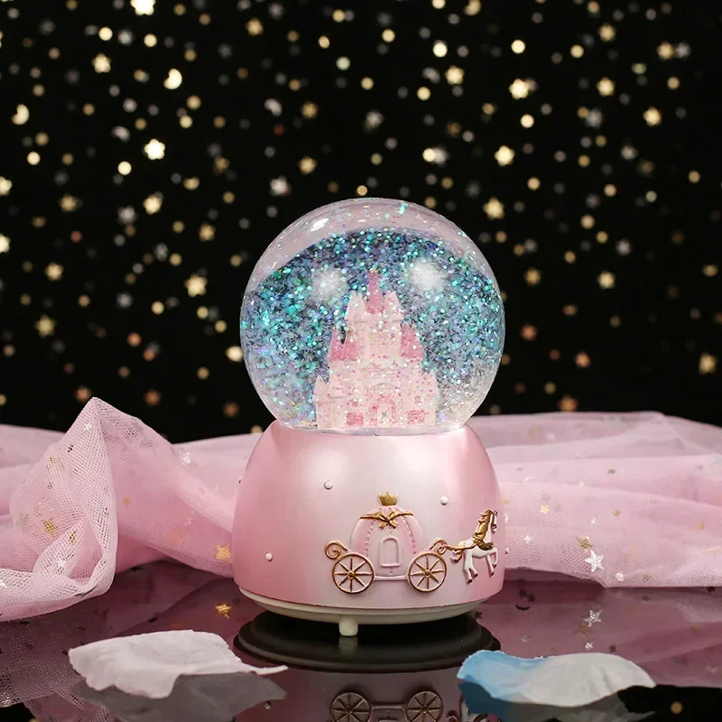 Snowflake Crystal Ball Music Box Luminous Castle Pink Blue Christmas Miniatures Decoration Crafts