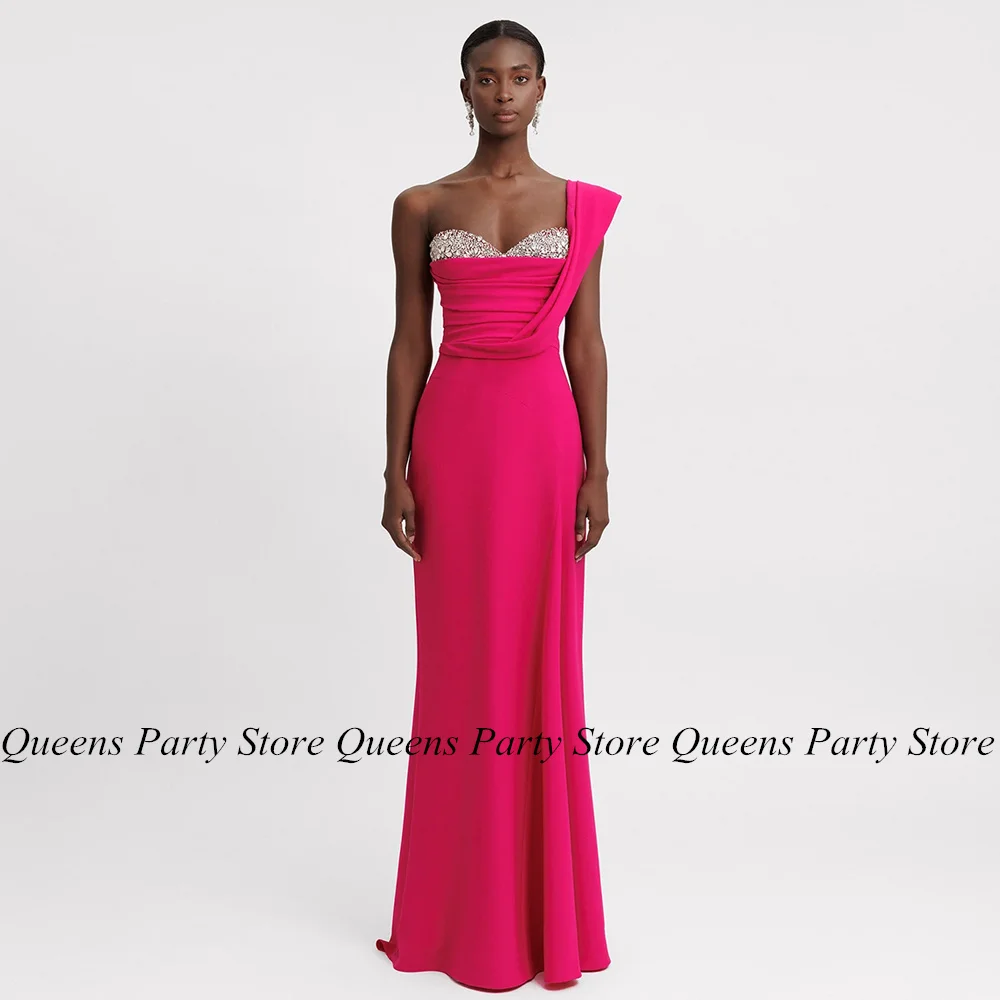 

Sexy Fuchsia Mermaid Evening Dress One Shoulder Sweetheart Crystal Beads Jersey Pagenat Gown Prom Party Dresses Robe De Soiree