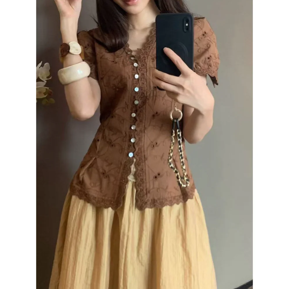 Retro Heavy Embroidery V-Neck Lace Bubble Sleeve Waist-Cinching Short Sleeve Open Cardigan Jacket for Women Summer Casual Wear