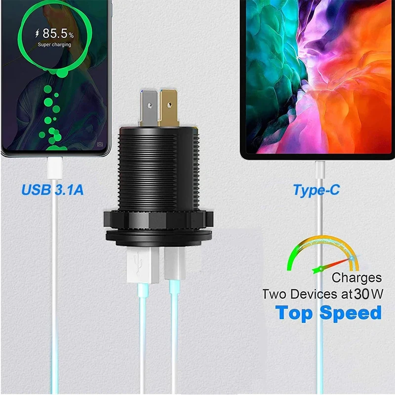 Car Charger Socket PD3.0 & QC3.0 Double USB C Ports Waterproof with LED Touch Switch 36W Fast Charging 12V/24V For Moto Adapte