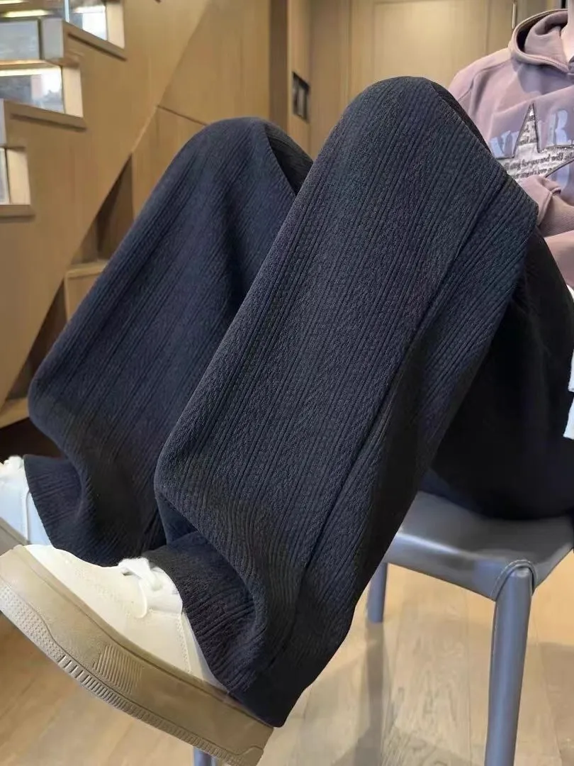 

Thiened Fce Lined Straight Leg Casual Pants Men's Autumn Winter Youth Loose Wide Leg Trousers Hong Kong Sle Wheat Ear ...