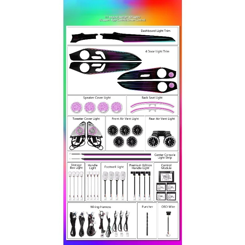 W205 X253 Dynamic Trim Panel Atmosphere Lamp, 64 Color LED Interior Ambient Light Sedan SUV Combined Car Air Vent Refit Kits