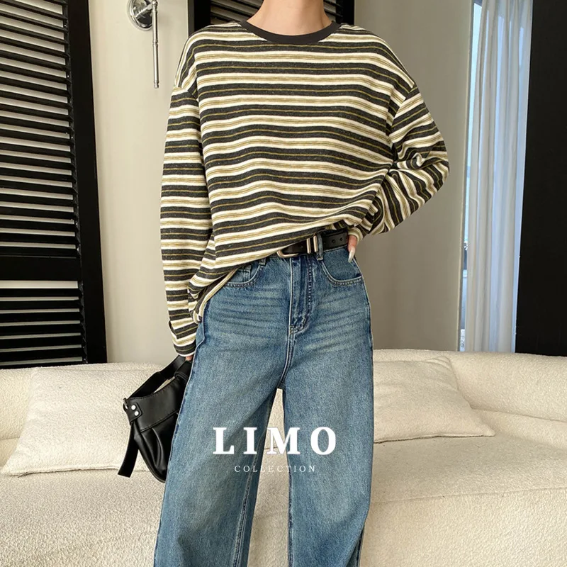 

LIMO, весна 2025 г., модная винтажная футболка в полоску с цветными блоками и короткими рукавами, женская повседневная футболка в стиле ретро из полиэстера, базовый топ на каждый день