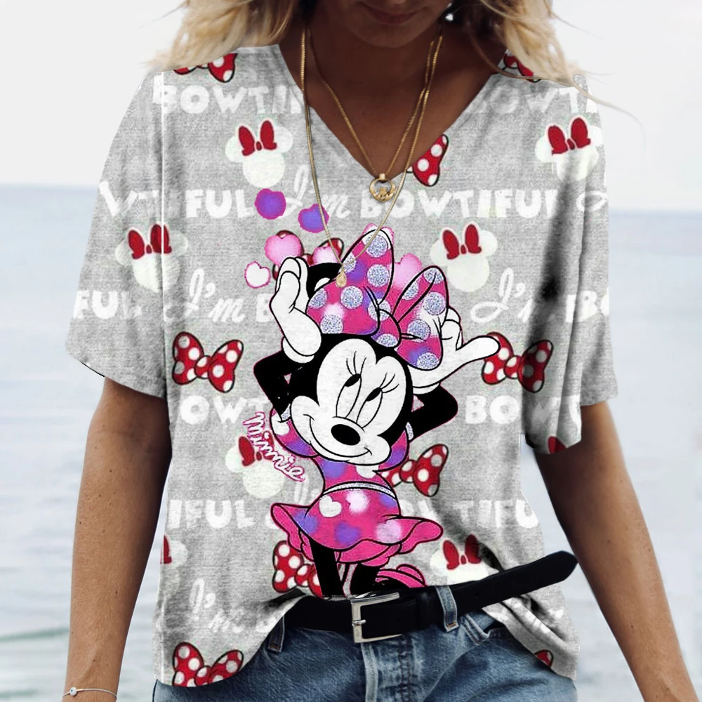 Woman Short Sleeve V Neck T Shirt Loose Summer Women\'s Clothing T-Shirts Disney Mickey Mouse Print T Shirt Oversize Pullover Top