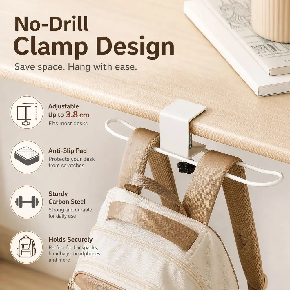Adjustable Desk Side Hook Clamp On Carbon Steel Table Backpack Holder Anti Slip Punch-free Desk Side Handbag Rack Home Office