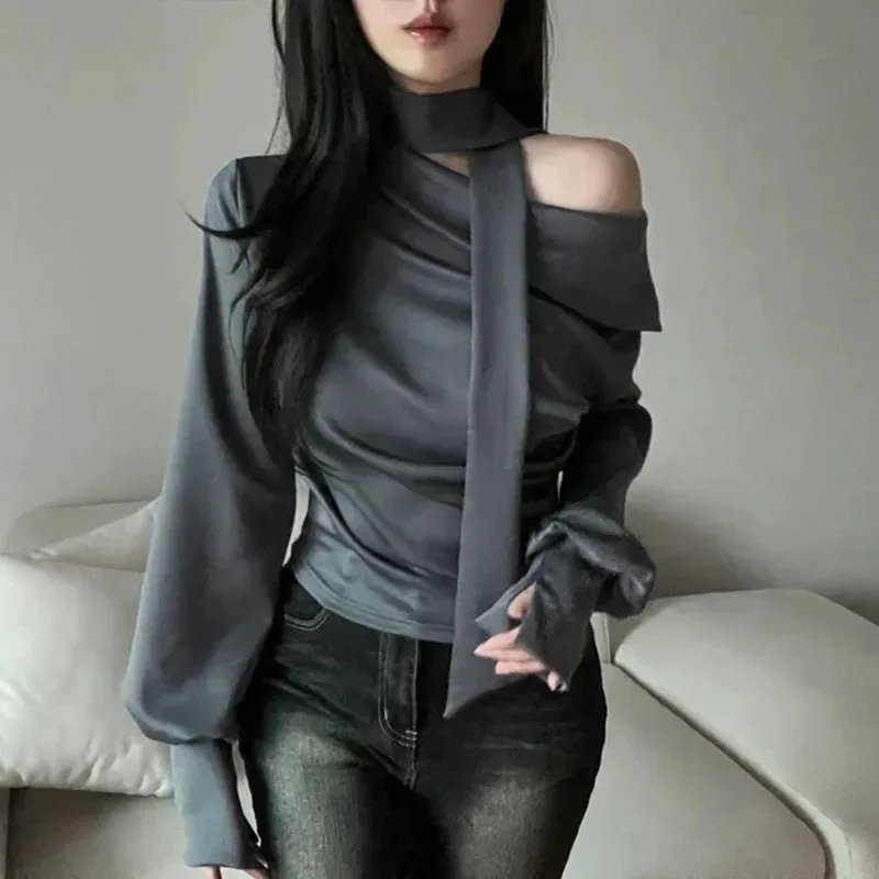 Dongdaemun الراقية يشعر أنيقة ركاب وشاح التلبيب غير المتماثلة مثير خارج على الكتف التخسيس قميص للنساء #1